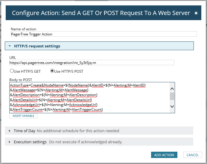 Solarwinds PagerTree HTTP/S action configuration.